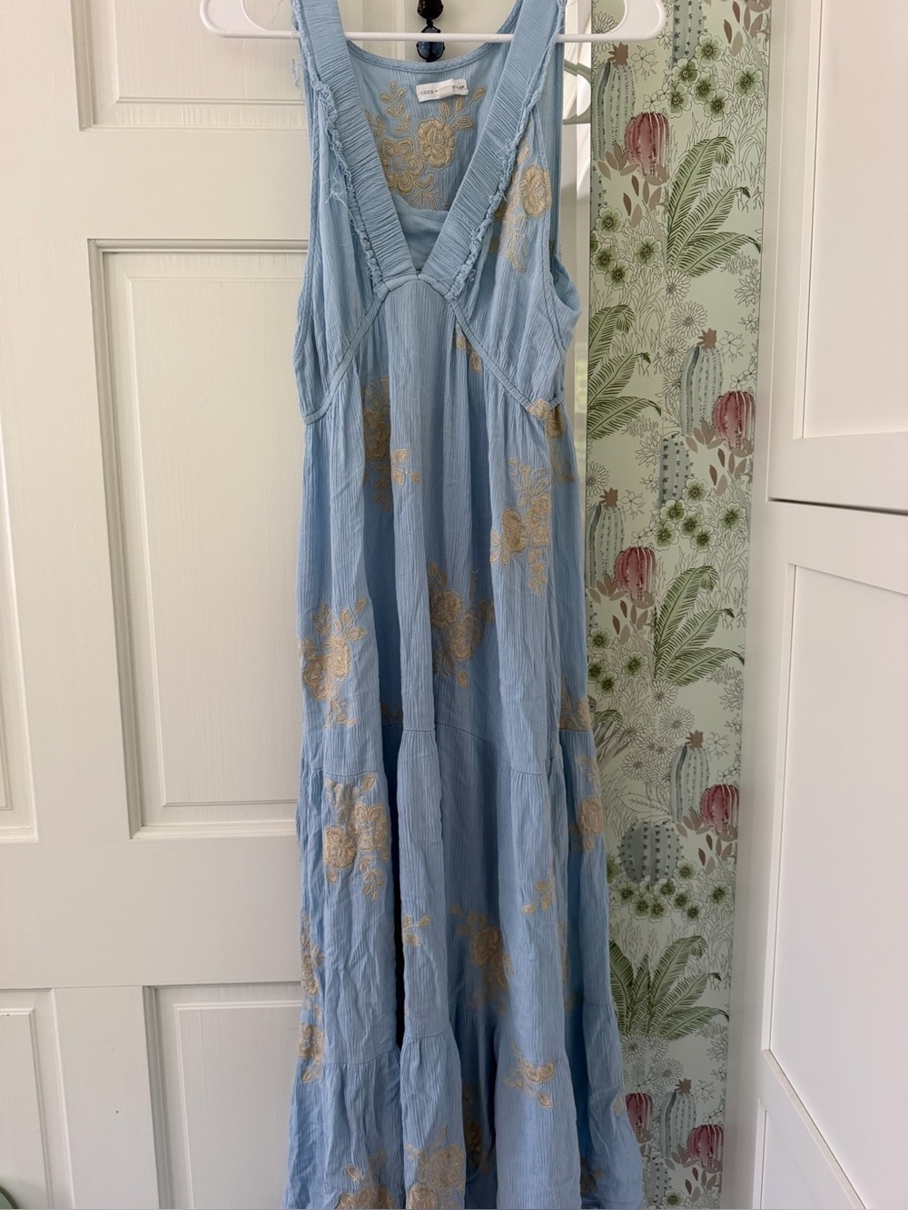 Sleeveless Light Blue Maxi Dress with Gold Floral Embroidery